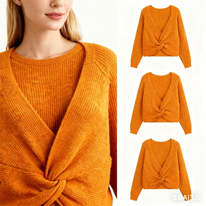 

Женский оранжевый вязаный свитер с закрученной передней частью — укороченный кардиган с запахом и длинными рукавами на осень и зиму