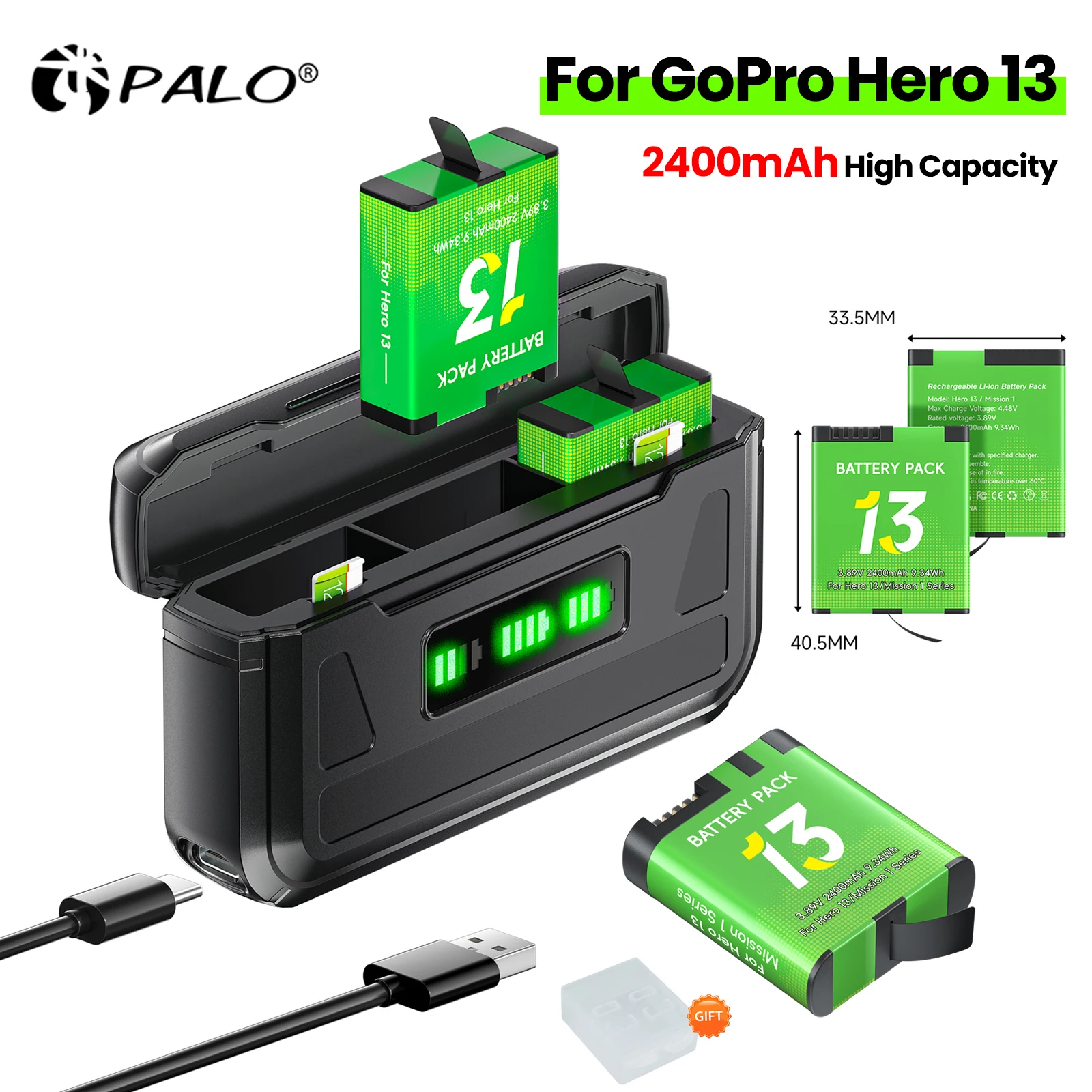 PALO 2400mAh for GoPro Hero 13 for Gopro Mission 1 Battery+3-Slots Charger Box for GoPro Hero 13 Black Sport Camera Accessories