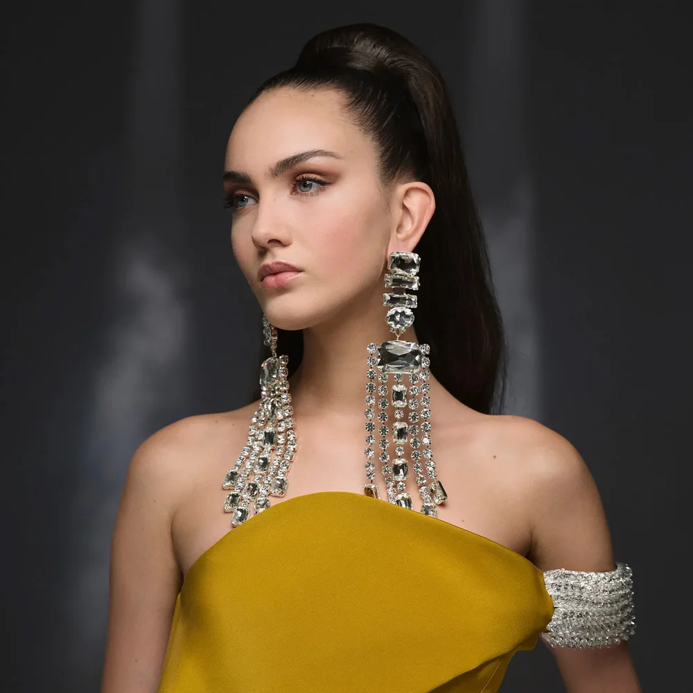 Stonefans Geometric Shape Crystal Rhinestone Taseel Earrings for Women Exaggerated Large Dangle Earrings Jewelry Accessories