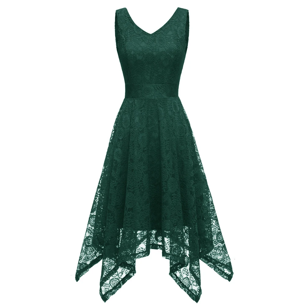 Women Elegant V Neck Floral Lace Sleeveless Asymmetrical Hem Cocktail Party Swing A Line Dress