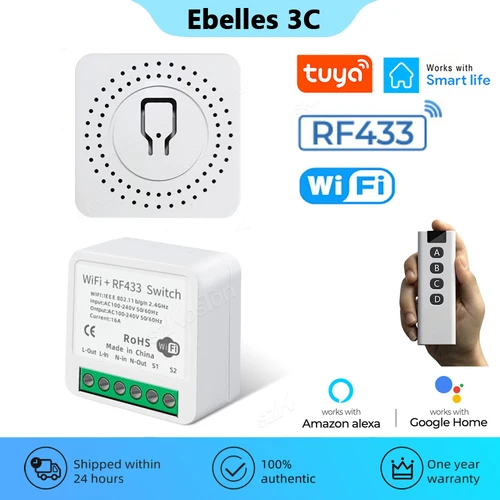 Tuya-interruptor inteligente RF433, dispositivo con WiFi, 1/2/3 entradas, Control remoto inalámbrico, 16A, Mini receptor de relé de voz para Alexa y Google
