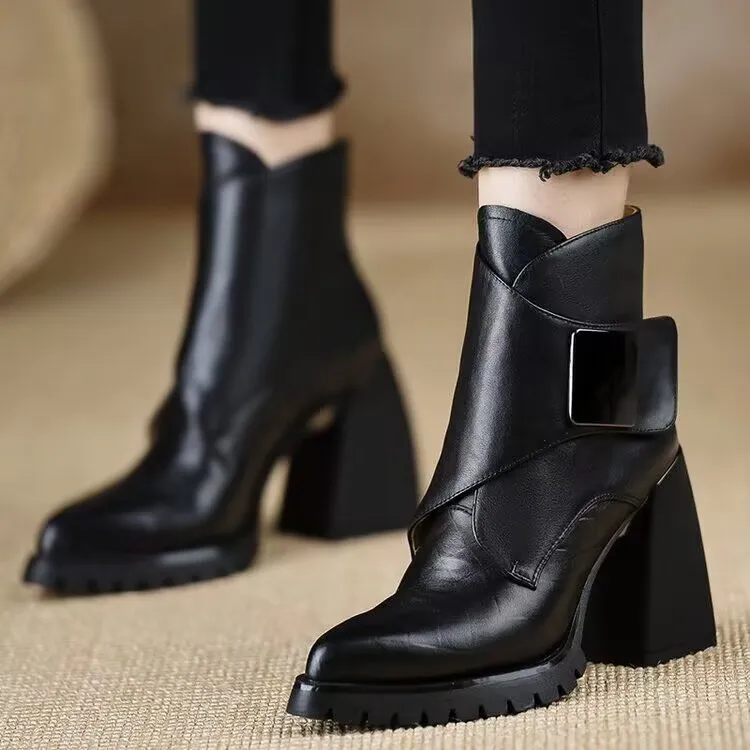 

New Winter Leather Women's Boots Pointed Toe Thick Heel Thick Sole Boots Women's High Heel Short Boots Fashion Women's Shoes