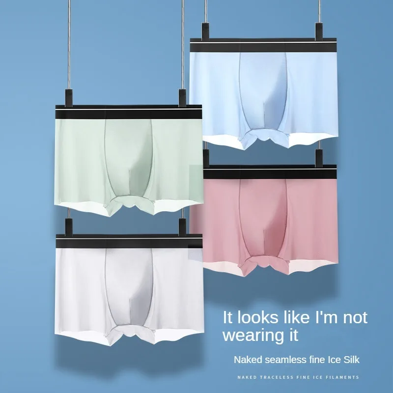 Pantalones cortos deportivos para hombre, bragas suaves y transpirables de seda de hielo sin huellas, bóxer de talla grande, ropa interior nueva para regalo
