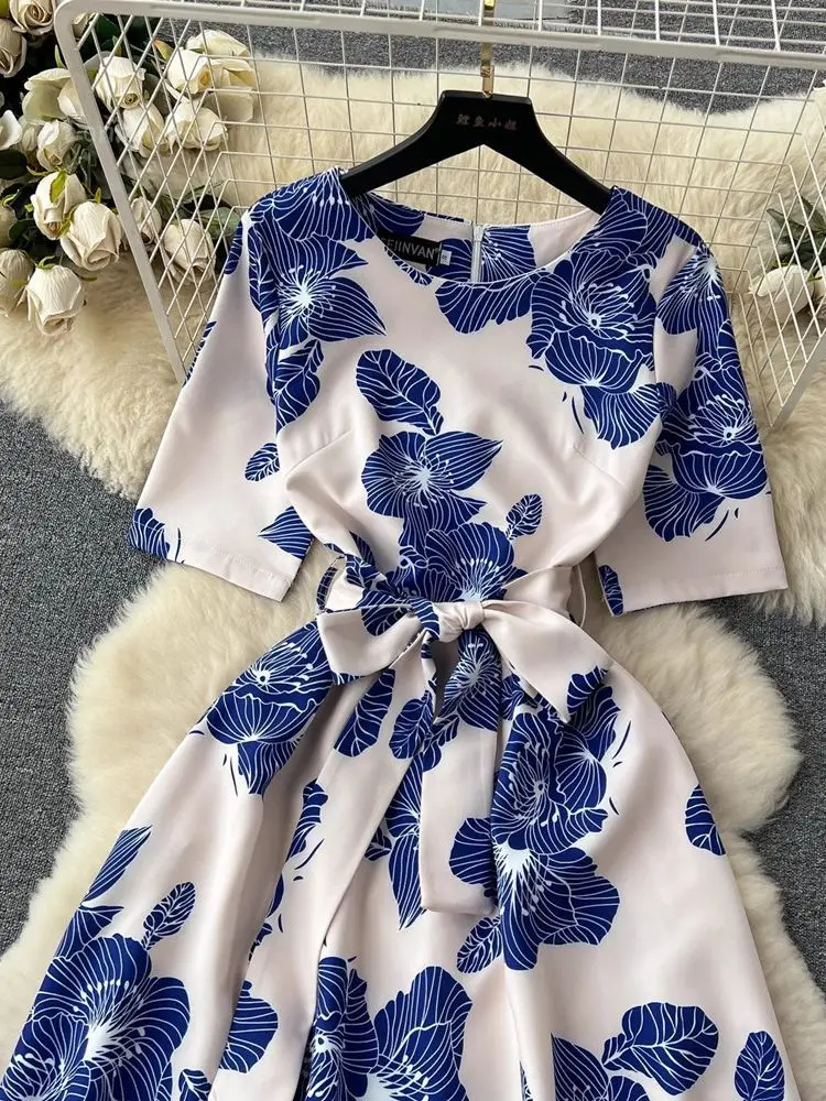 Summer Elegant OL Half Sleeve Blue And White Porcelain Printed Dress Women\'s Lace Up Belt Zipper Pocket Long Party Vestidos