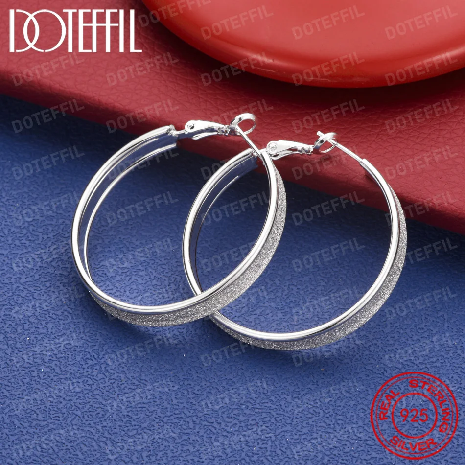 925 Sterling Silver 37mm Sparkling Frosted Round Earrings, Women's Fashion Wedding Jewelry, Party Gift Accessories