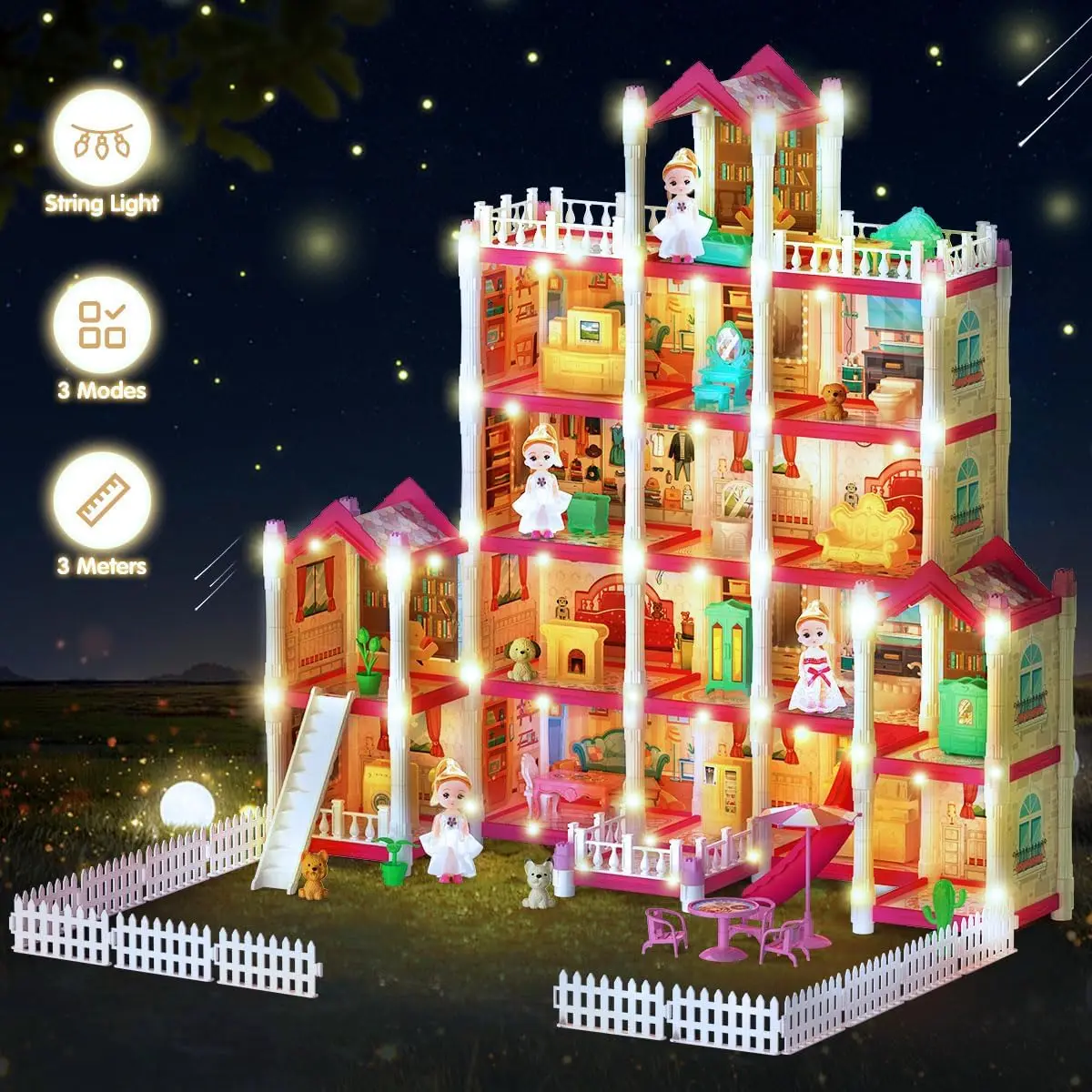 VATOS Pink Dollhouse for Girls 5 Story 17 Rooms Luxury DIY Play Light-up Building House Dolls Toy Dream Christmas Birthday Gifts