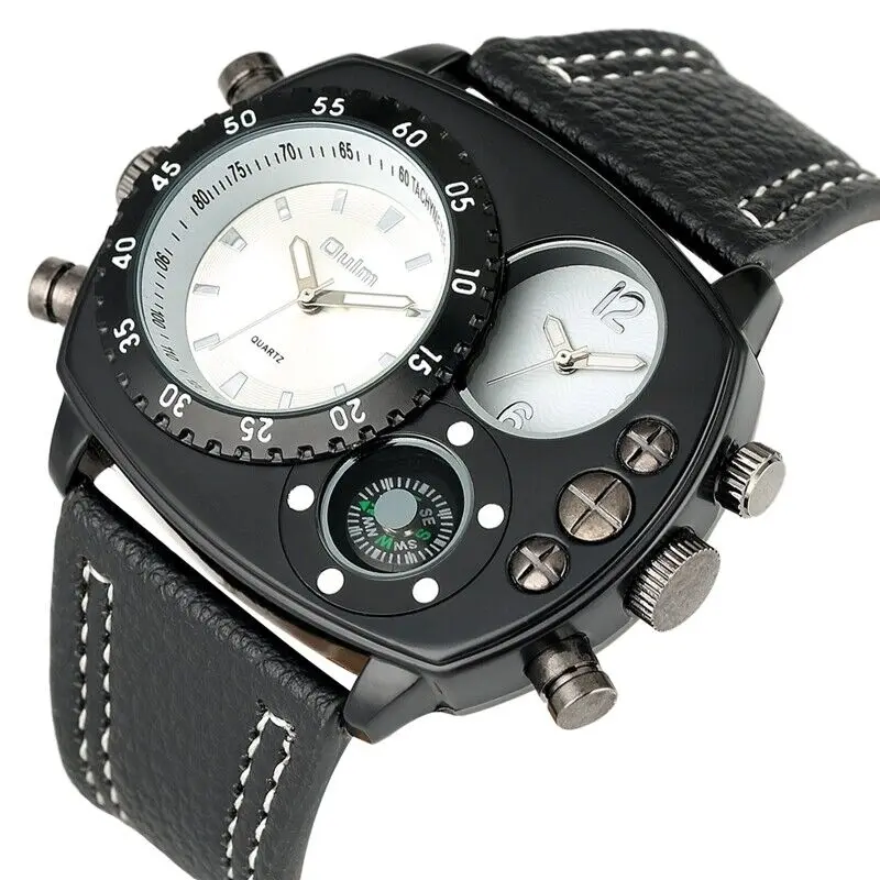 Oulm Mens Steampunk Quartz Wrist Watch Muliti Time Decoration Compass Dial Genuine Leather Strap