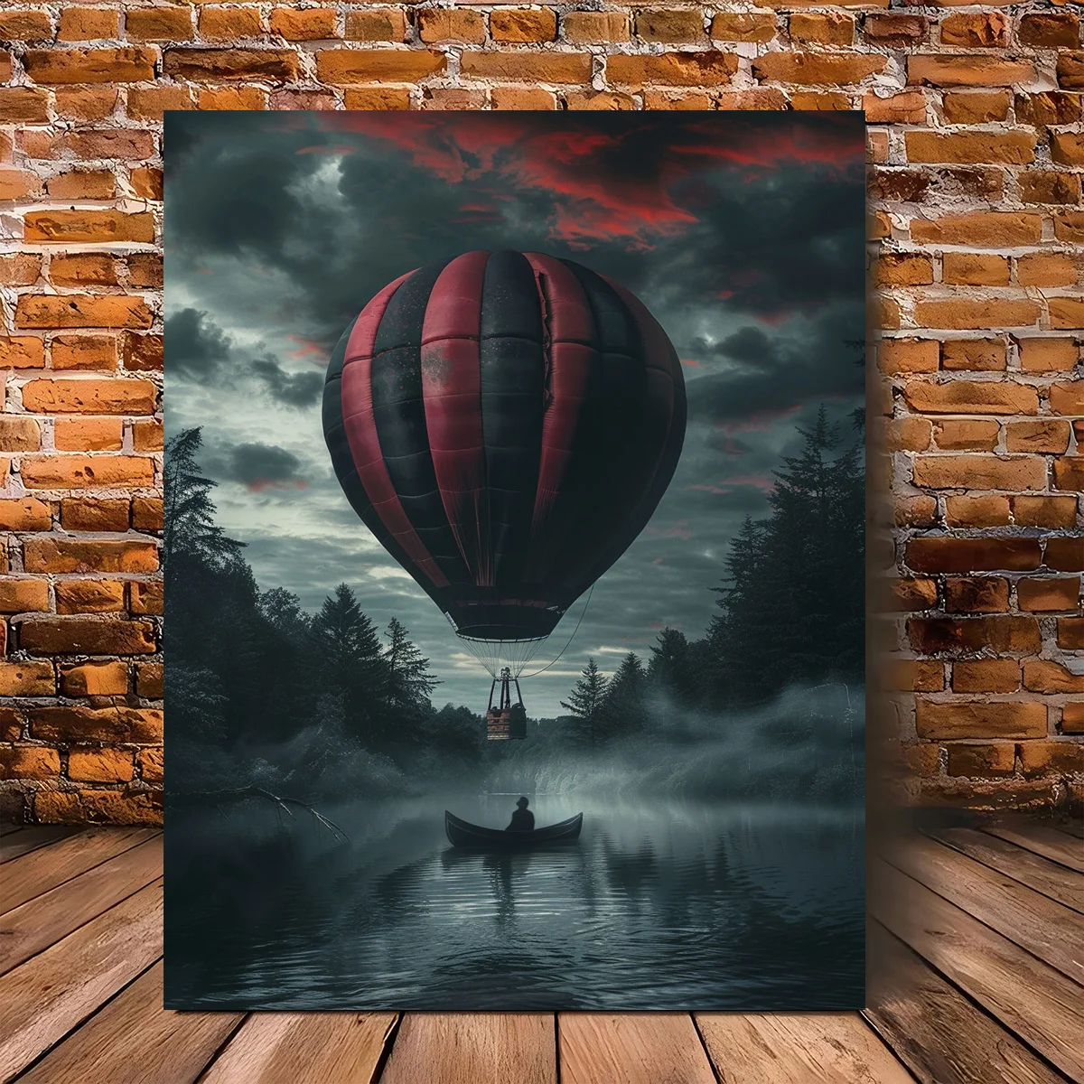 Peinture sur toile rustique, ballon à Air chaud avec canoë sur le lac, décoration murale de paysage tranquilique, salon et chambre à coucher