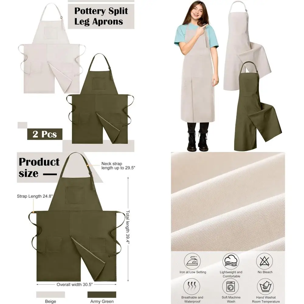 

Adult Ceramic Apron with Split Legs & 3 Pockets - Sage Green & Beige for Pottery Enthusiasts