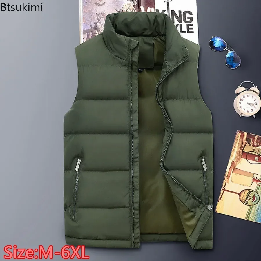 

Oversized 6XL Men's Down Cotton Vest Autumn Winter Thicker Warm Stand Collar Sleeveless Vest Coats Male Solid Casual Parkas Vest