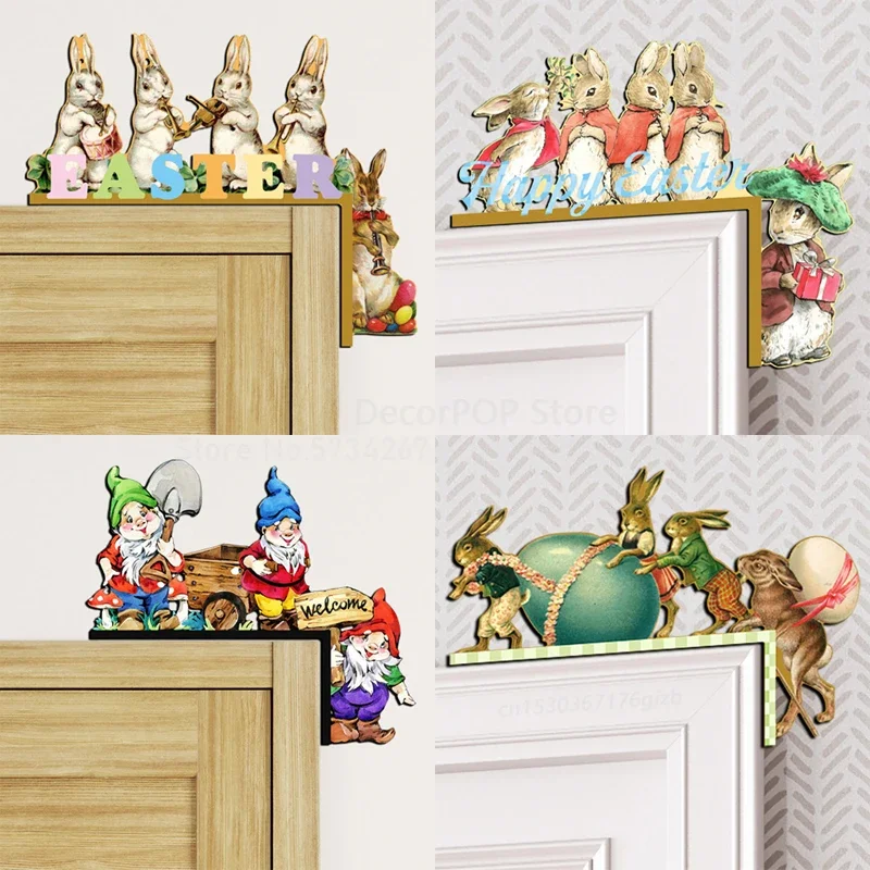 Happy Easter Door Frame Decor Rabbit Easter Egg Dwarf Wooden Ornaments Pendant Easter Decorations for Home Bunny Door Stickers