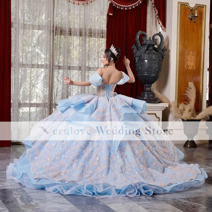 Light Blue Lace Ball Gown Quinceanera Dress 2024 With 3D Flowe Off Shoulder Sweet 16 Dress Lace-up Vestido 15 Años