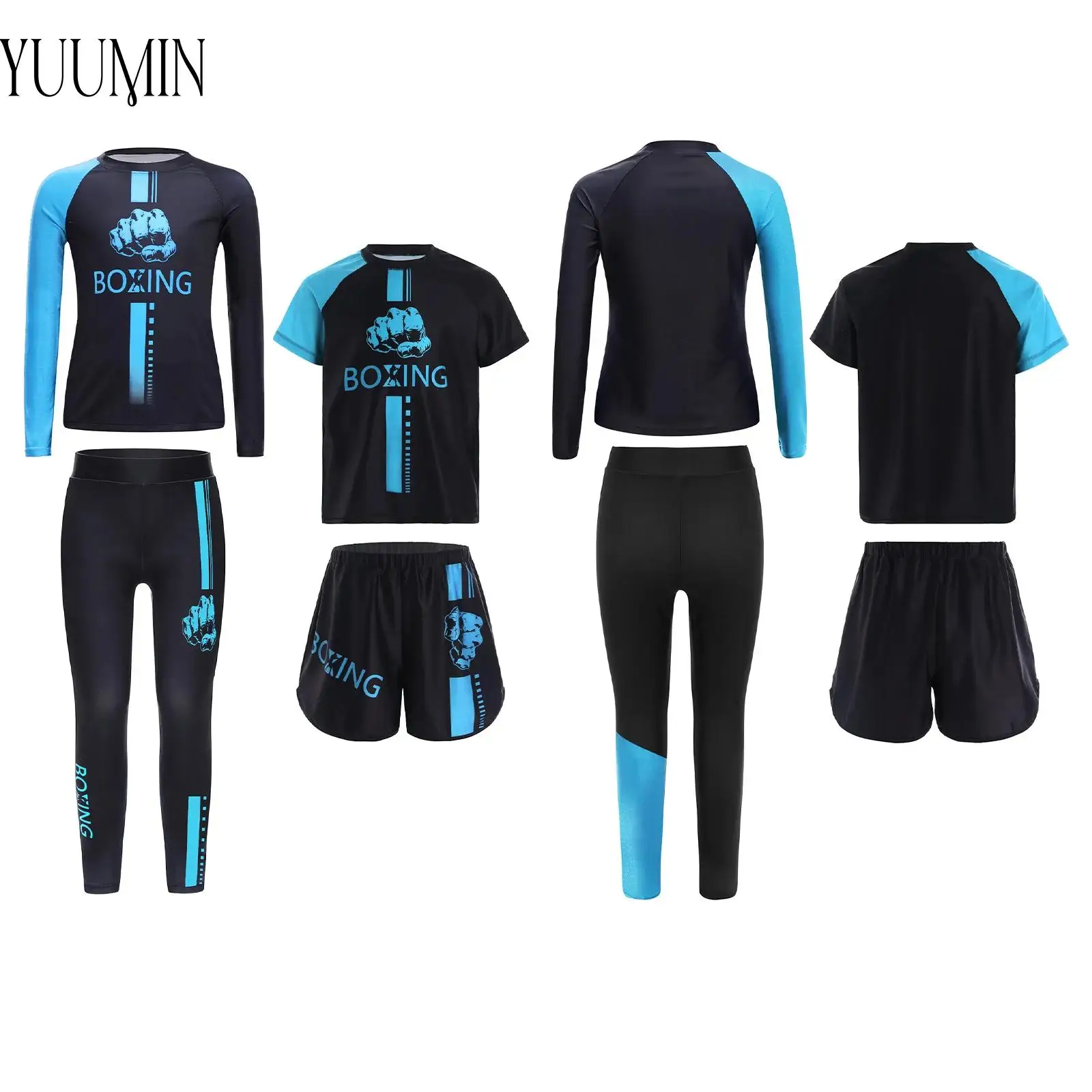 

4Pcs Kids Boy Boxing Training Costume Long Sleeve T-shirt+Short Sleeve Top+Boxer Shorts+Leggings Set for Halloween Cosplay Party