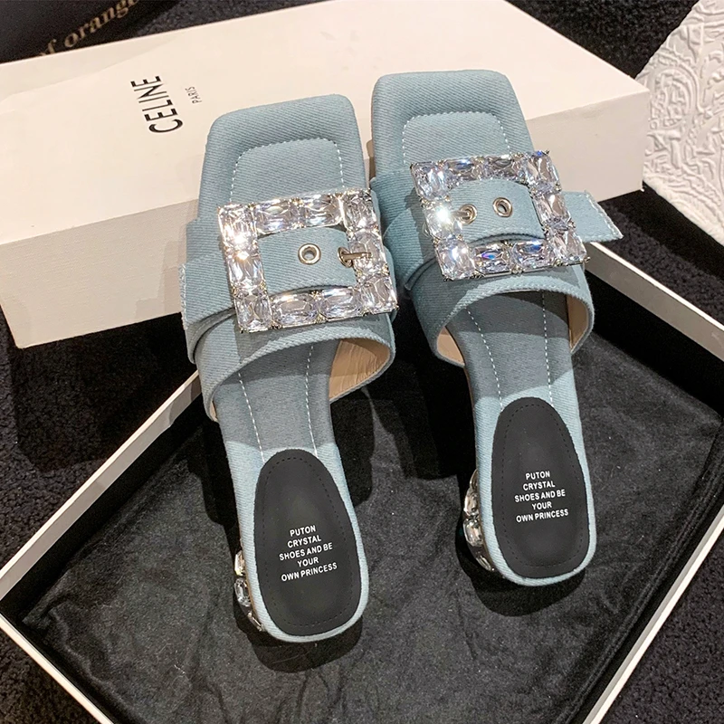 French rhinestone square button flat jeans half back sandals soft sole beautiful low heel sandals women wear fashion in summer