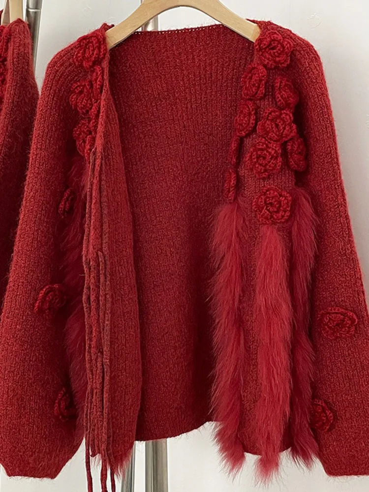 ZMEENNA Women's Red Knit Cardigan Floral Rose Applique Faux Fur Trim Tie Front Long Sleeve V-Neck Winter Outerwear ZM4207