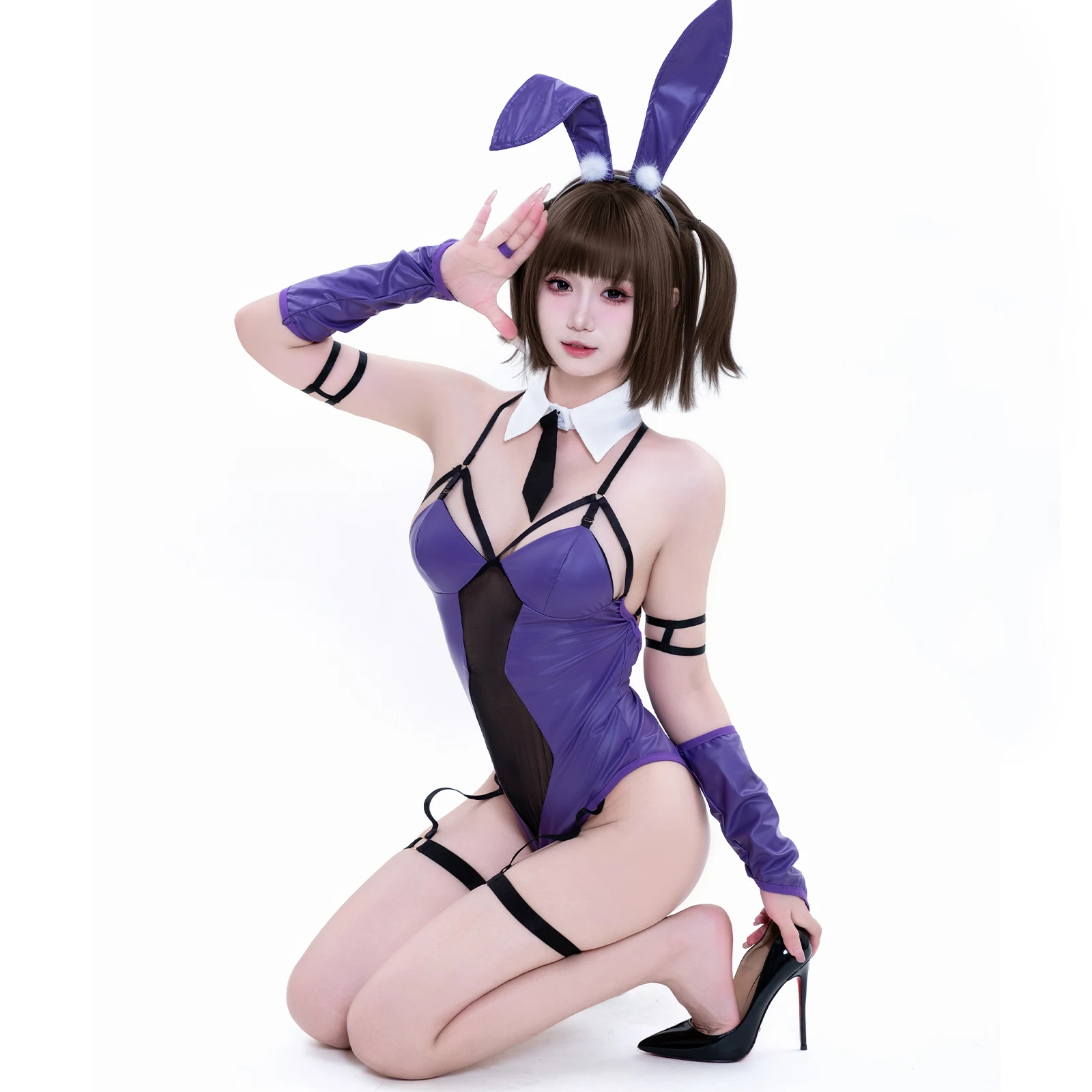 

SENMHS Pruple Anime Bunny Girl Cosplay Costumes Sexy Leather Deep V Bodysuit Rabbit Ears Uniform Halloween Carnival Party Clothe