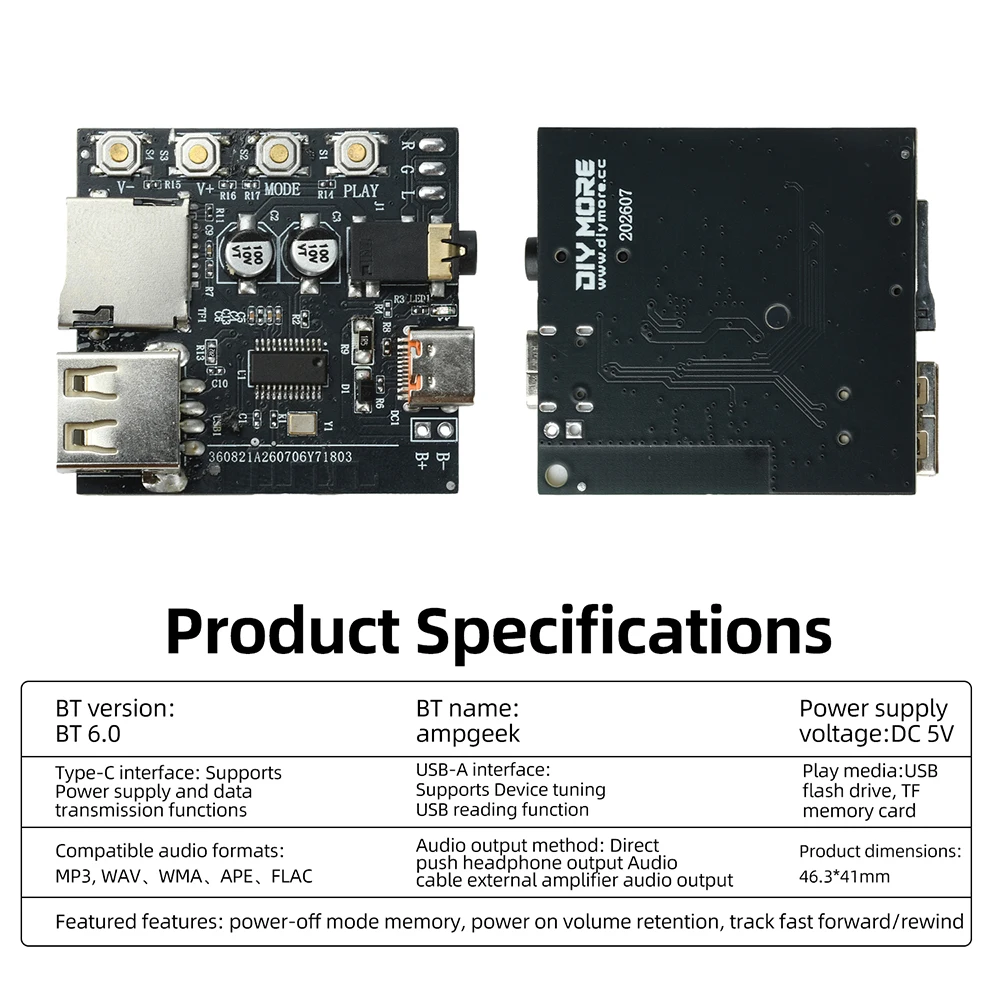 DC5V BT 6.0 MP3-Audio-Dekodierungsplatine Audio-Empfängermodul MP3-Verlustfreie Dekodierplatine Drahtloses Stereo-Modul Typ C – Detail 6
