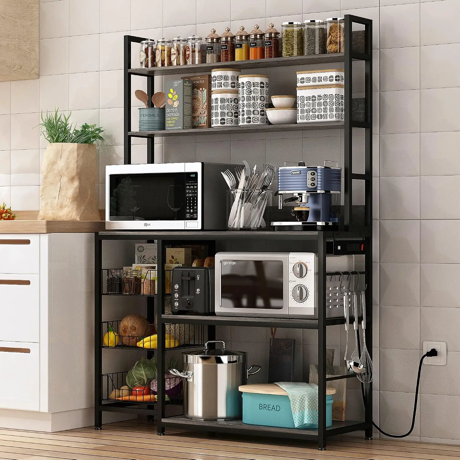 Kitchen Bakers Rack with Baskets and Power Outlet,5-Tier Kitchen Utility Storage Shelf with Hooks, Microwave Oven Stand Rack