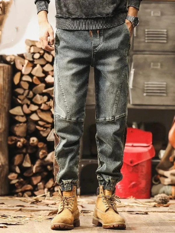 

Американские джинсы с талией в стиле ретро, мужские лоскутные свободные прямые брюки для спецодежды, осенне-зимние длинные брюки с эластичной резинкой на талии