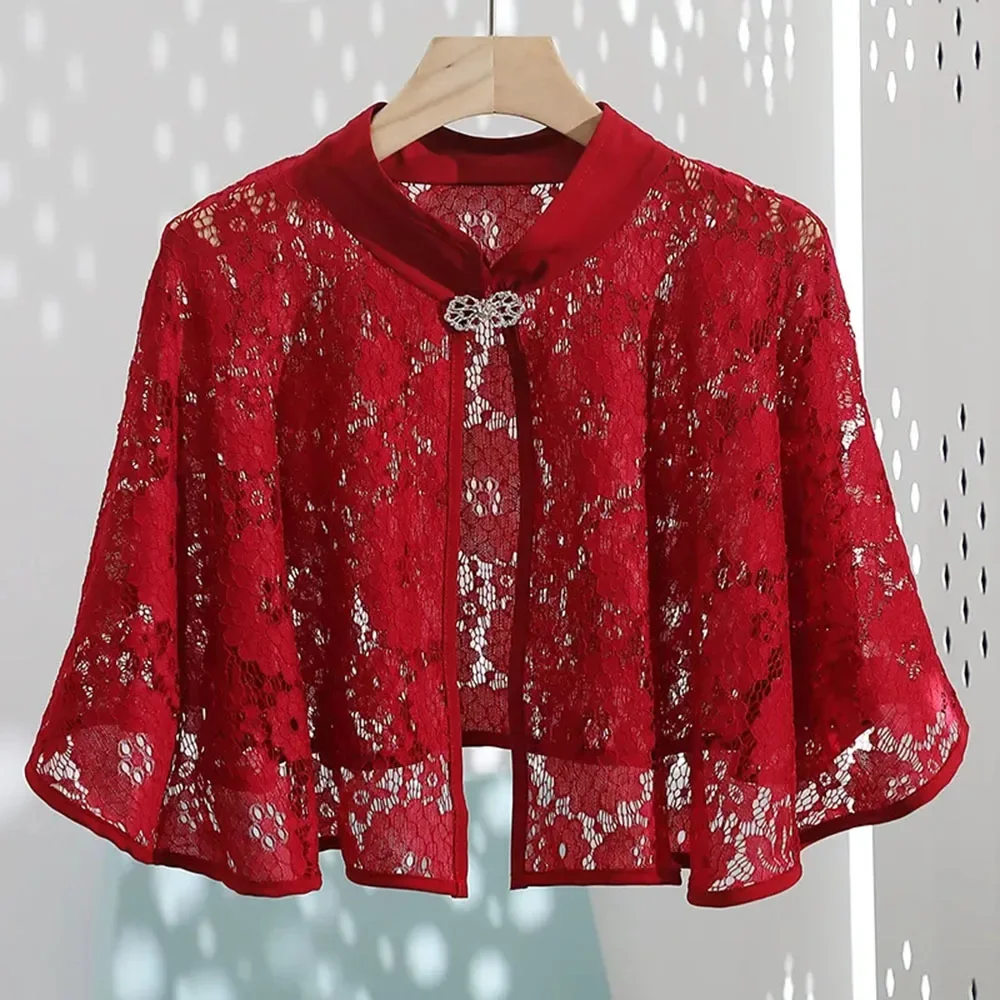 

Women Loose Ponchos Fashion Vintage Shawl Ladies Summer Lace Hollow Out Cloak Female Silver Buckle Short Coat Cheongsam Capes
