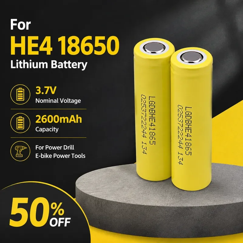 For HE4 18650 Lithium Rechargeable Battery 3.7V 2600mAh 25A High Drain Power Cell for Power Drill E‑bike Power