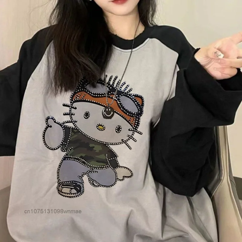 Sanrio Hello Kitty Camo Cotton T-shirts for Women, Long Sleeve, Hip Hop, Splicing, Oversize Fashion Tees, Street Top Clothes