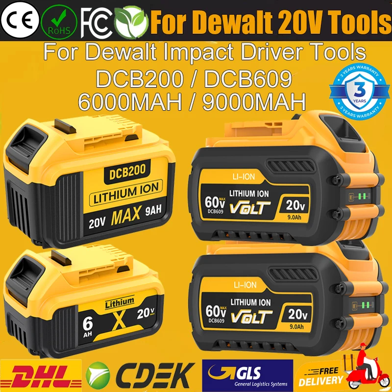 For Dewalt 20V/60V 9000mAh Rechargeable Battery DCB200 60V MAX Flexvolt Hammer DCB609 DCB205 DCB206 DCB209 Power Tool Battery