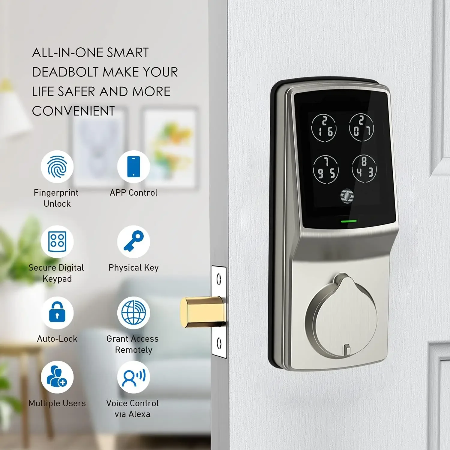 Wi-Fi Smart Deadbolt, Keyless Entry Door Lock, PIN Genie® Keypad, 3D Biometric Fingerprint Sensor, Auto Lock USA