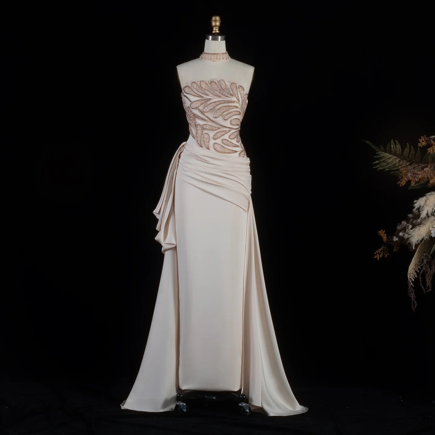 Sharon Said Elegantes Langes Formelles Abendkleid Luxuriöses Perlenbesetztes Plissiertes Damenkleid für Hochzeitsgäste Arabisches Kleid SS242 Maßanfertigung – Detail 11