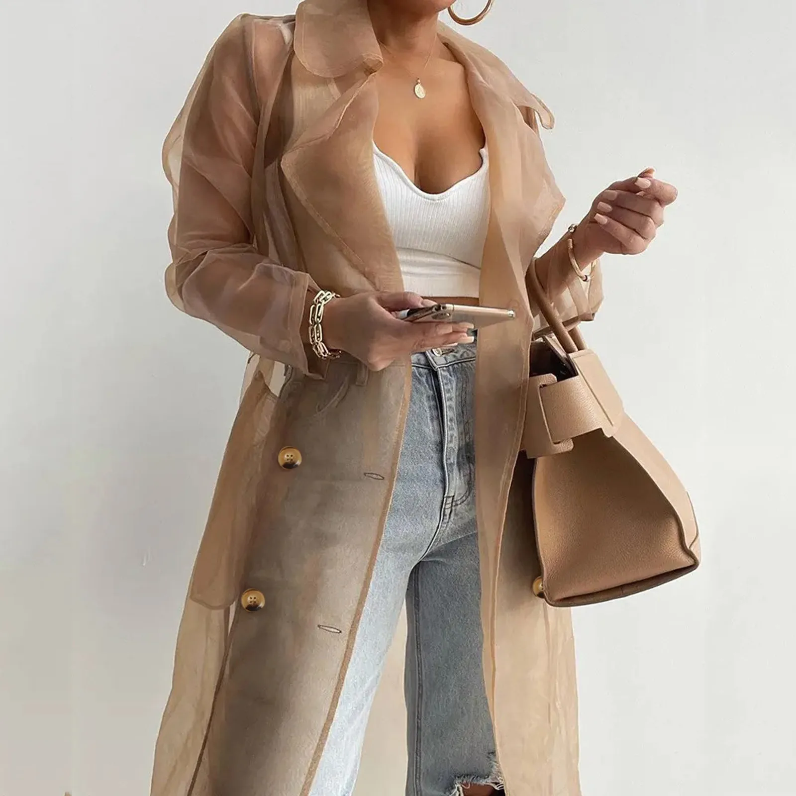 

Fashion Cool Mesh Transparent Trench Coat Women's 2024 New Lace-up Sunscreen Shirt Net Yarn Long Shirt Thin Coat With Belt