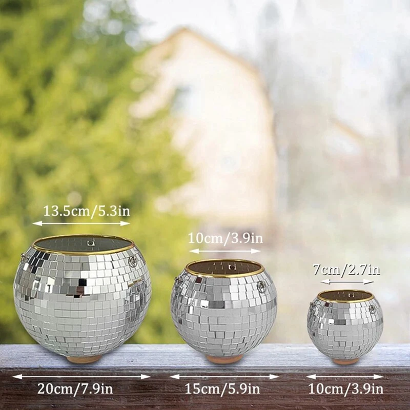 BEAU-Disco Ball Round Flower Pot Hanging Basket Plastic Mirror Plant Planting Pot Succulent Flower Pot