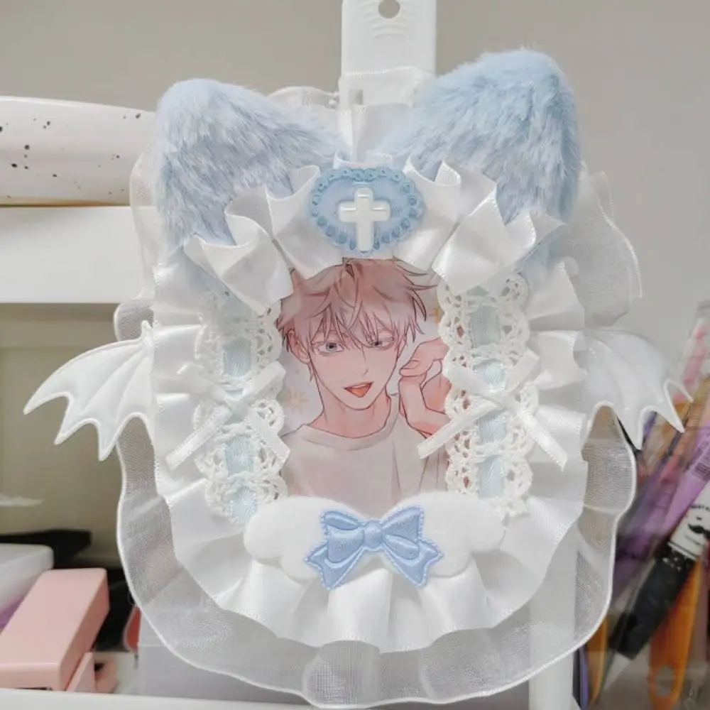 Finished Product Ins Style Cartoon Plush Card Holder Lace Angel Wings Photo Protector Case Diy Cat Ear ID Credit Case Outdoor