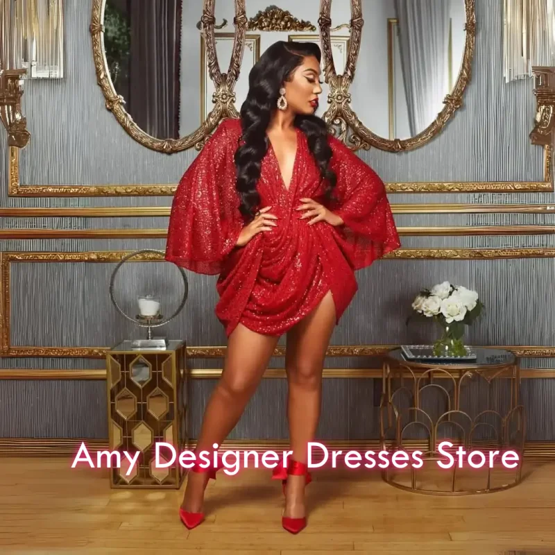 

Vintage Sexy Women Cocktail Dresses V Neck Poet Mini Split Side Evening Dress Sequins Pleats Party Gowns Customized