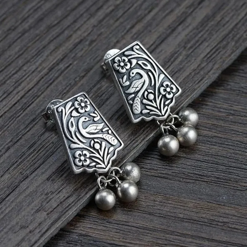 Vintage Silver Color Hand Carved Flower Phoenix Earrings Fashion Ladies Handmade Hanging Beads Stud Personality Earrings