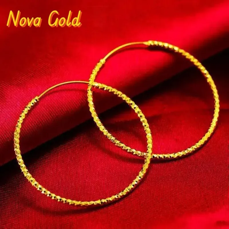 Pendientes de aro redondos grandes NovaGlod para mujer, oro de 24 quilates AU999 - Aros lisos y elegantes, redondos que marcan el rostro, textura de 24 quilates, AU999 auténtico