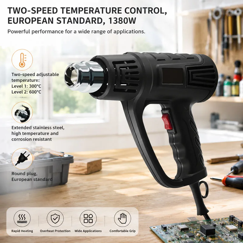 

Professional Heat Gun With Two-Level Adjustable Temperature, Suitable For Removing Paint And Plastic Heat Shrink Film At Home.