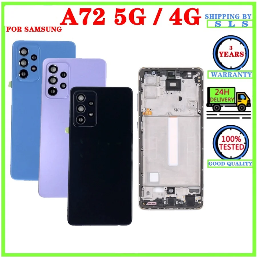 For Samsung Galaxy A72 4G A725 LCD Middle Frame Bezel Cover+Battery Cover Rear Back Door Lid+Camera Lens