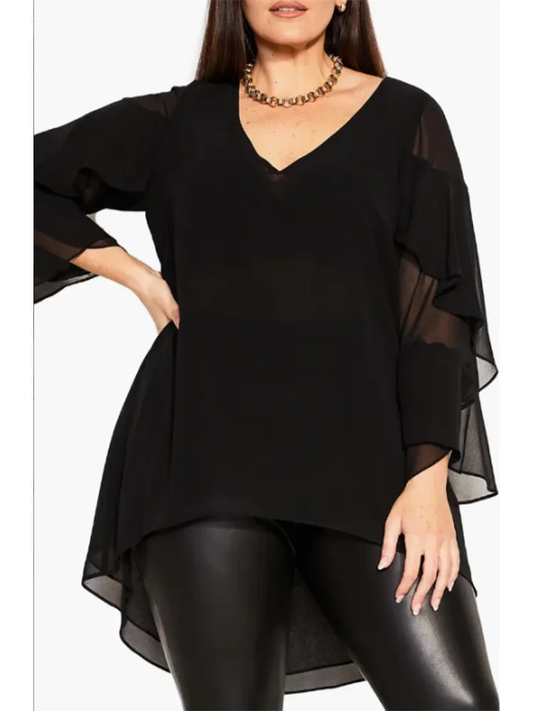 New Female Plus Size Casual Black Layered Ruffle Sleeve Top Office Lady A-Line Spring Autumn V-Neck Fashion Women\'s Top Blouse