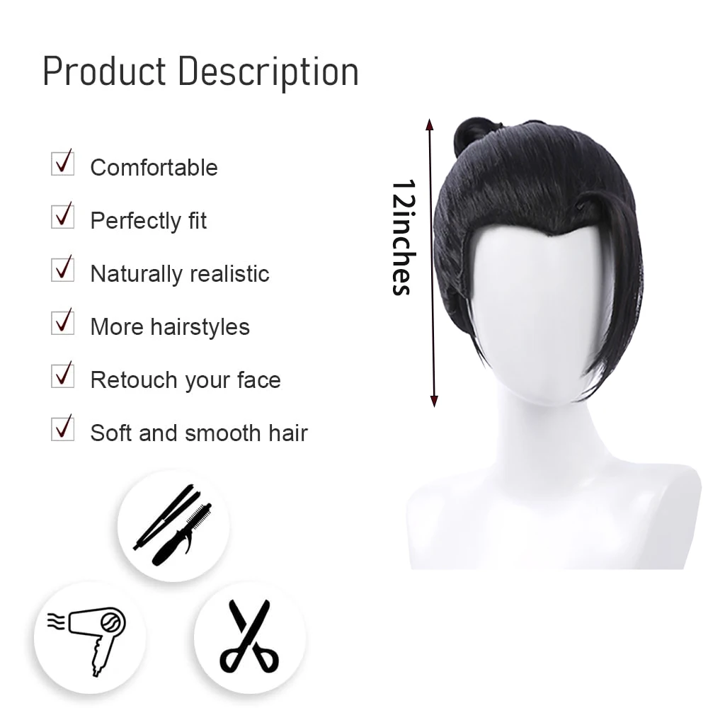 High-Quality ‌ Anime Jujutsu Kaisen Geto Suguru Cosplay Synthetic Hair 12-Inch Black Beauty Point Bun Halloween Daily Party Wig