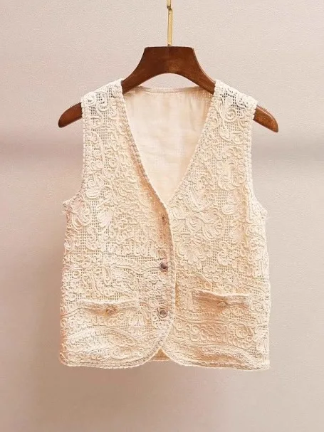 

Женский кружевной топ Ele с вырезами, модный, простой, летний, новый, с V-образным вырезом, высококачественный, тонкий, на одной пуговице