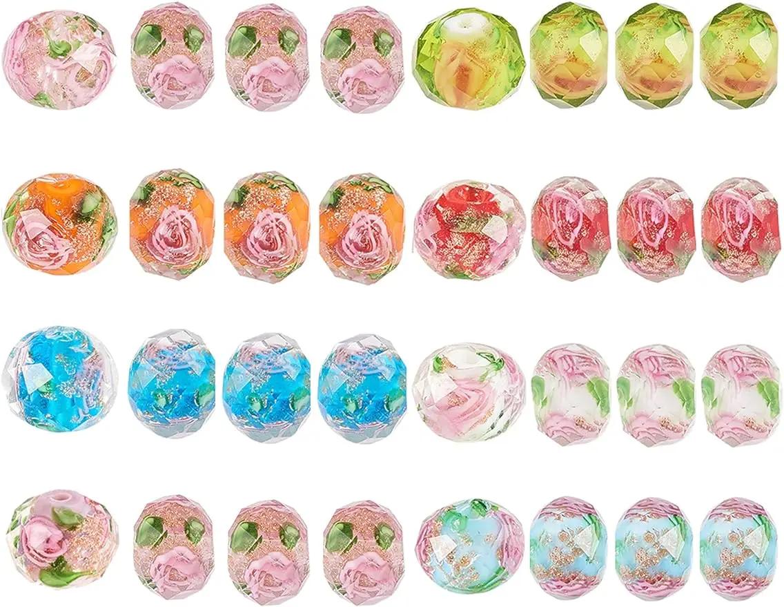 

10mm Floral Lampwork Beads 32pcs 8Colors Faceted Glass Beads Gold Sand Loose Spacer Beads for Keychain Jewelry Making Supplies