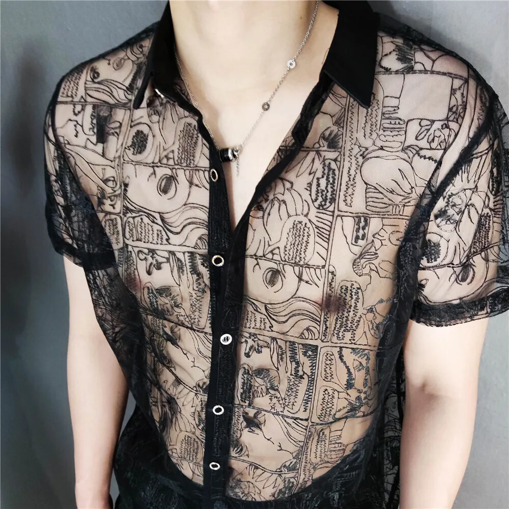 High Quality Black Lace Sexy Shirt Embroidery See Through Shirt Men Social Club Luxe Transparent Shirt Summer Short Sleeve Shirt