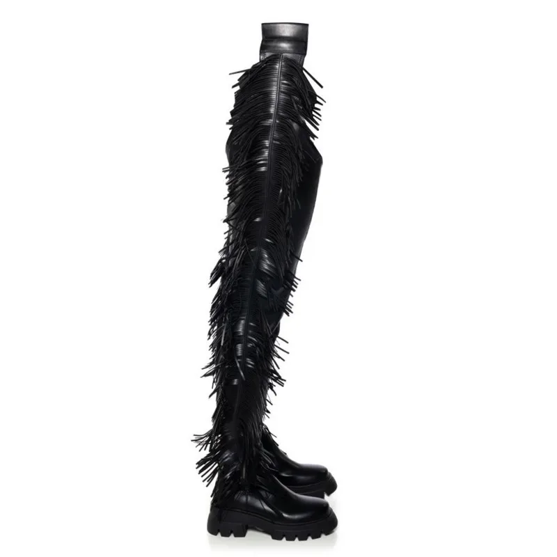 Fringed Belted Over The Knee Boots Fashion Black Festival Women Boots Party Shoes