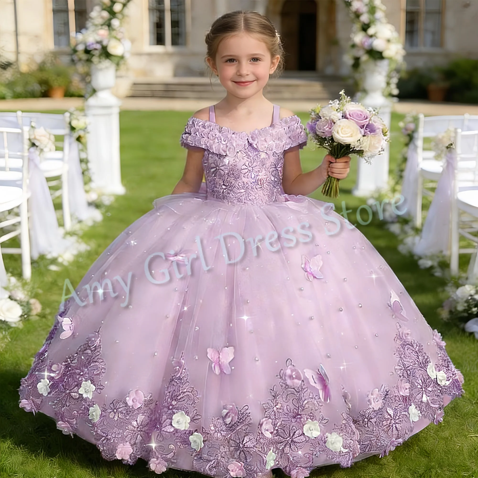 

Customized Luxury Flower Girl Dress For Wedding Appliques Beading Butterflies Tulle With Bow Princess Pageant Birthday Ball Gown