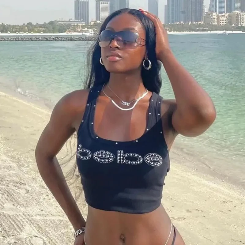 

2025 diamond inlaid letter pattern women's crop top sexy beach party streetwear personalized retro vest for girls