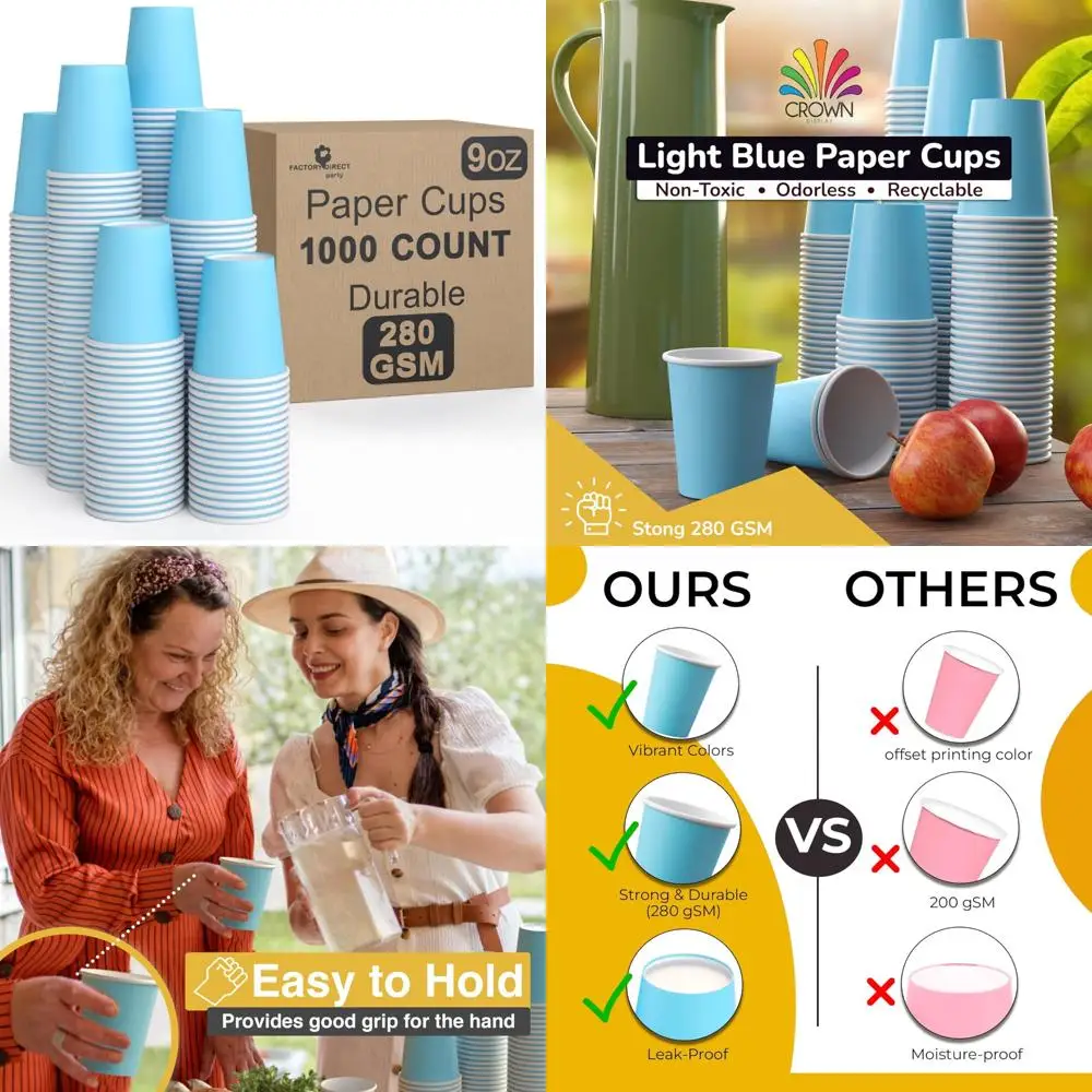 

Light Blue 9 oz Disposable Paper Cups - 1000 Pack, Durable for Hot & Cold Drinks, Thick 280 GSM Tumblers