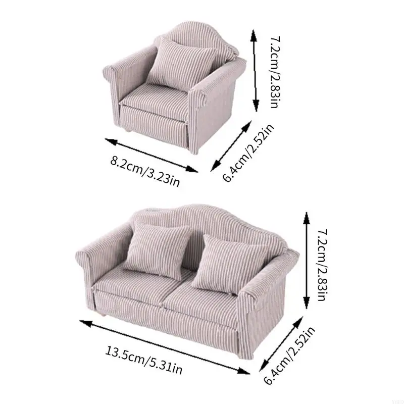 Y88D 1/12 Casas muñecas Muebles sala estar Sofá madera con diseño rayas cojín para escena del proyecto
