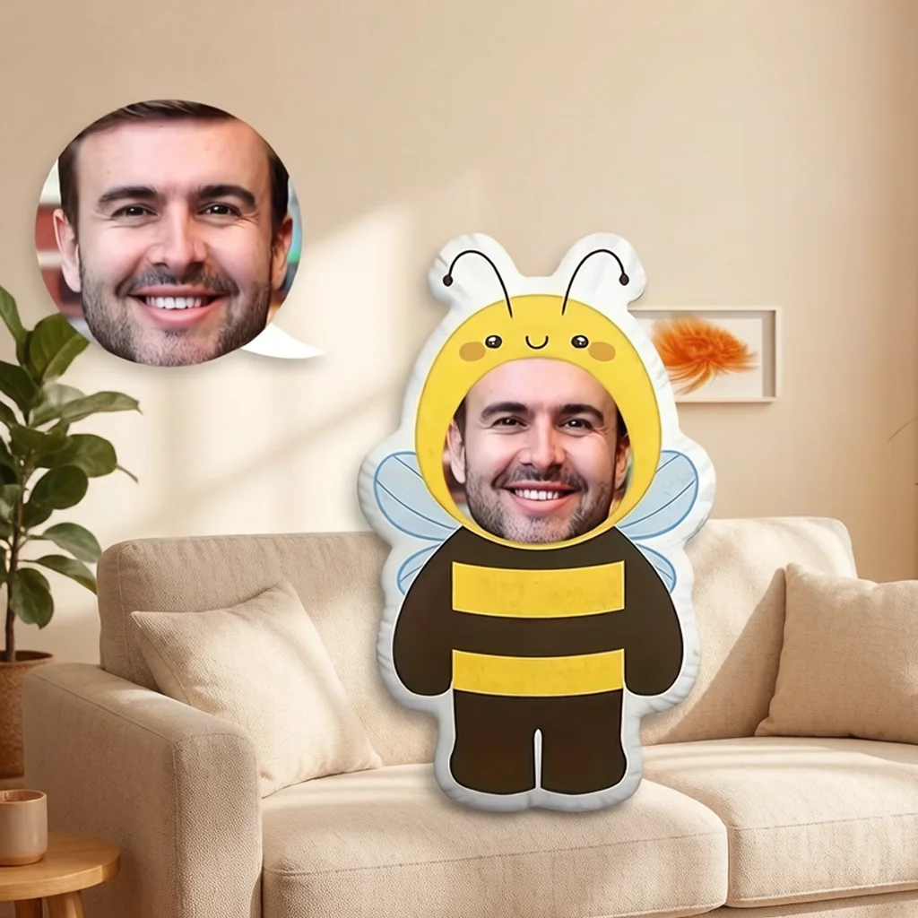 New Customizable Bee Shaped Photo Printed Pillow with Double-Sided Design, Machine Washable, Filled with Polypropylene Cotton