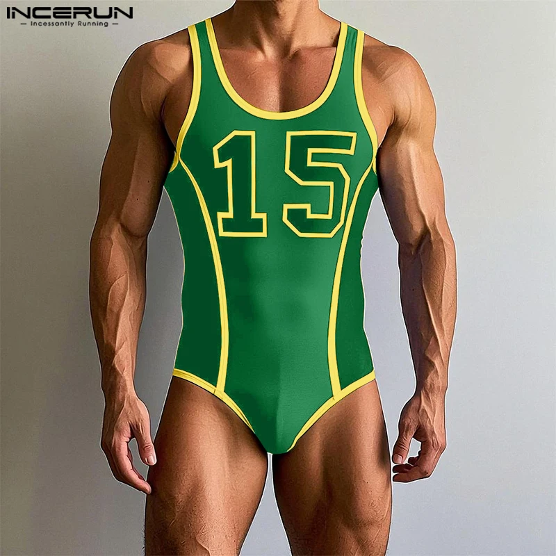 INCERUN, monos para hombre con estampado de retazos, cuello redondo, sin mangas, entrenamiento, peleles elásticos para hombre, monos informales de moda 2025