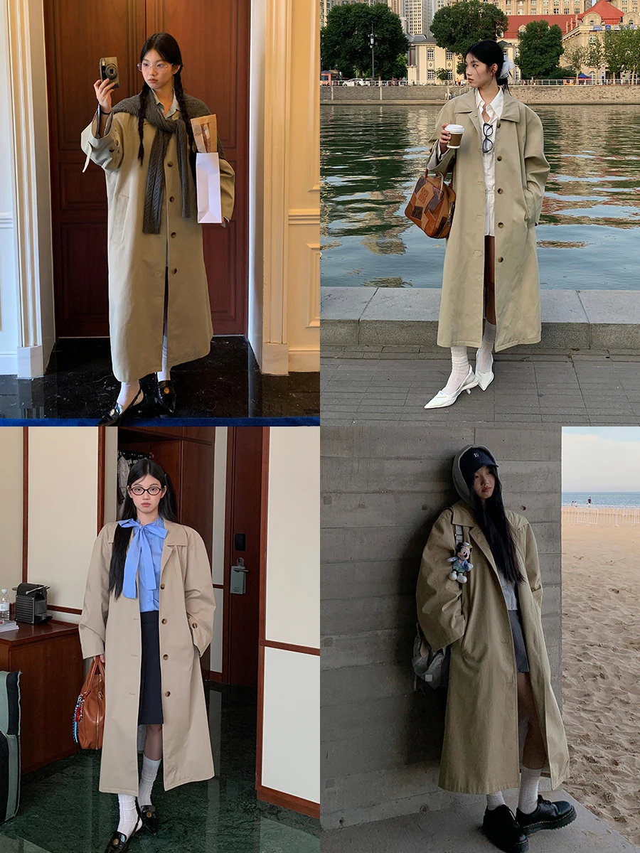 معطف نسائي طويل بلون الكاكي من G، سترة واقية من الرياح بأسلوب بريطاني عصري، مصنوع من القطن 00%، تصميم مستقيم أنيق للتنقل ا... #2